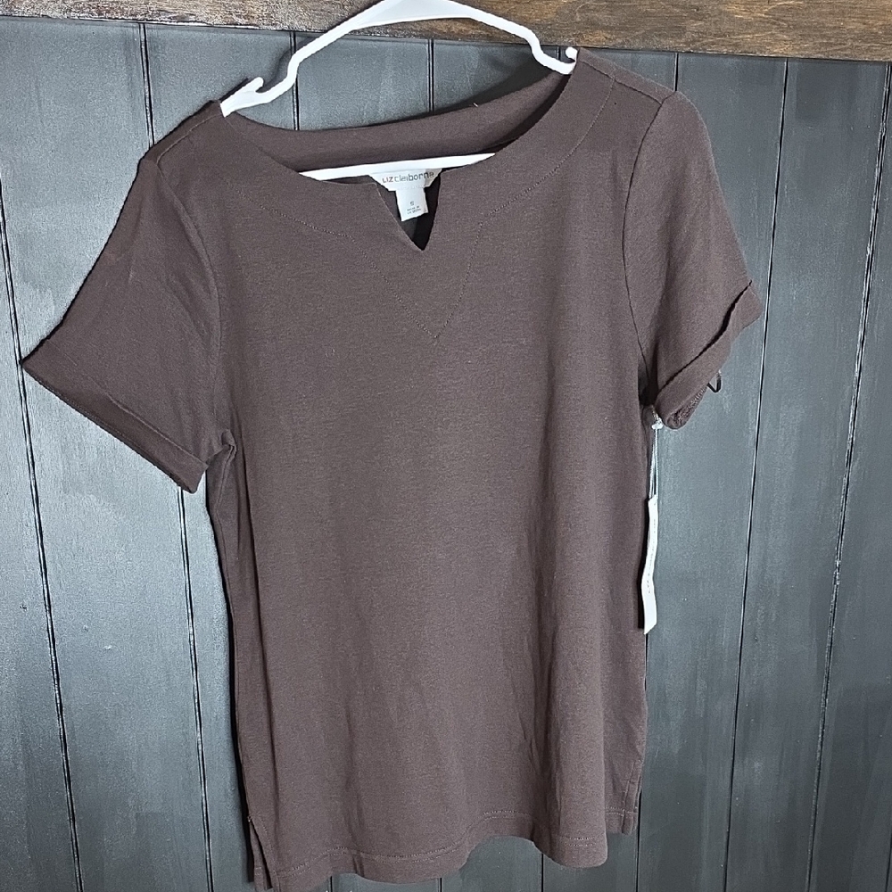 Liz Claiborne Chocolate Brown Short Sleeve Notch-Neck Tee